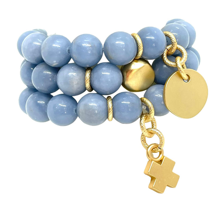 Blue Jade Stretch Bracelet with  Matte Gold Charm