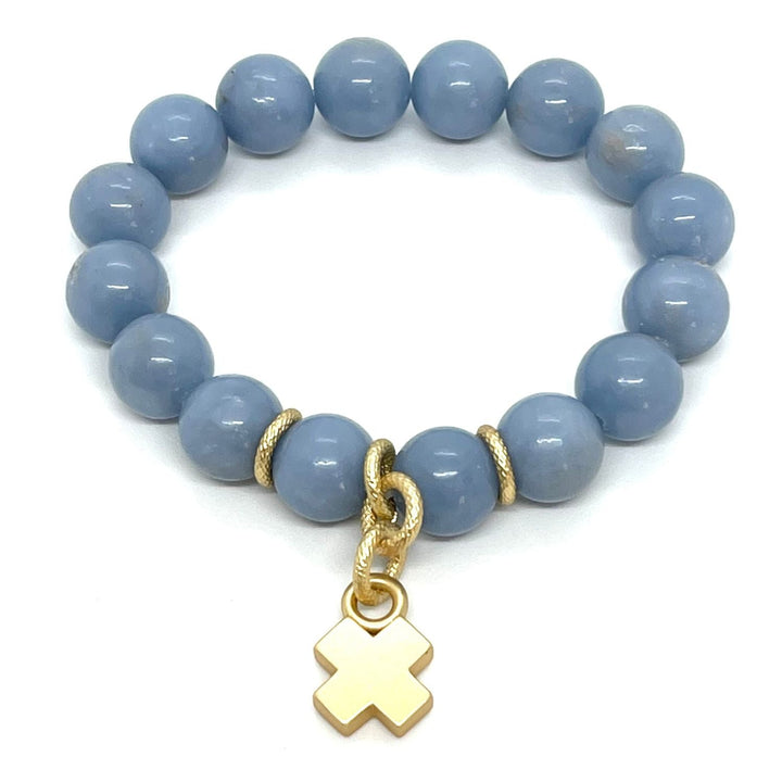 Blue Angelite Matte Gold X Charm Stretch Bracelet