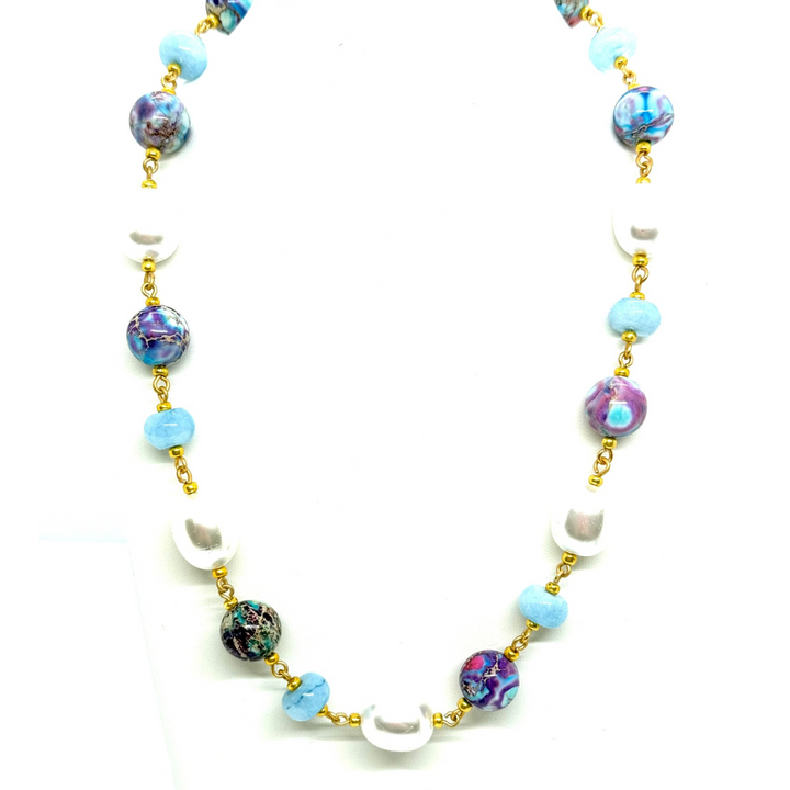 Blue Multi Jasper, MOP Pearl and Blue Jade Necklace