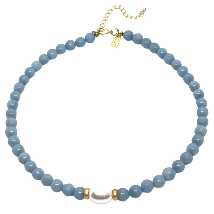 Blue Jade With MOP Pearl and Matte Gold Accents Necklace