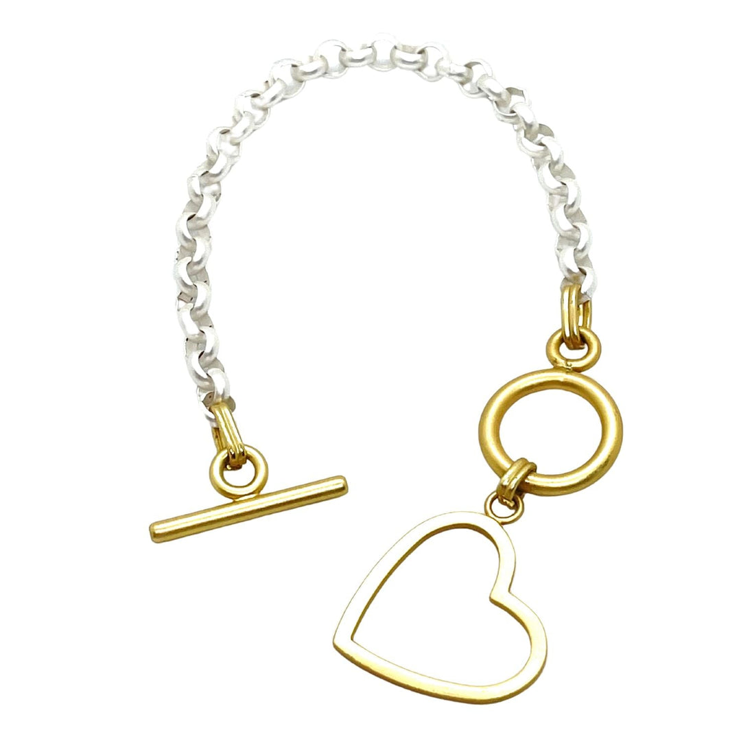 Matte Silver Chain Bracelet With Gold Toggle And Heart Charm