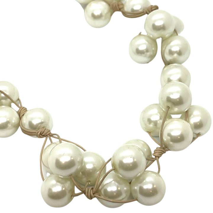 Glass Pearl Woven Putty Leather Necklace