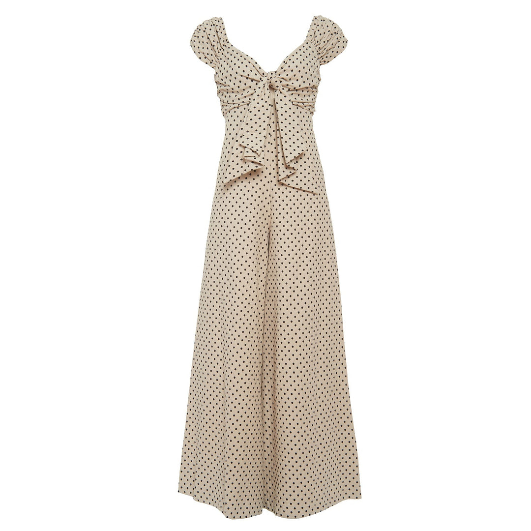 beige and black polka dot handwoven cotton silk jumpsuit with tie up front