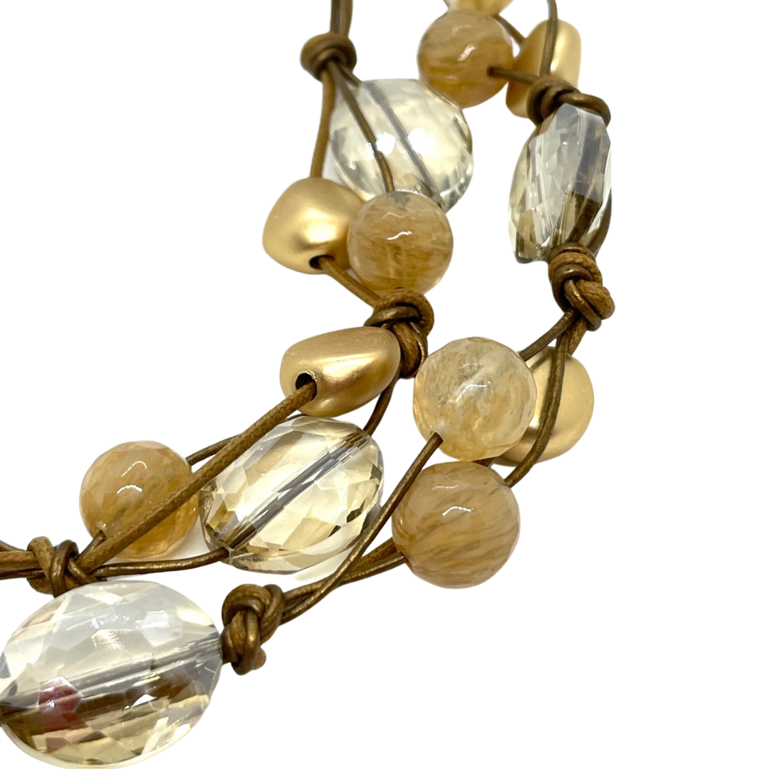 Citrine Quartz, Champagne Crystal And Gold Bead Accent Two Strand Necklace