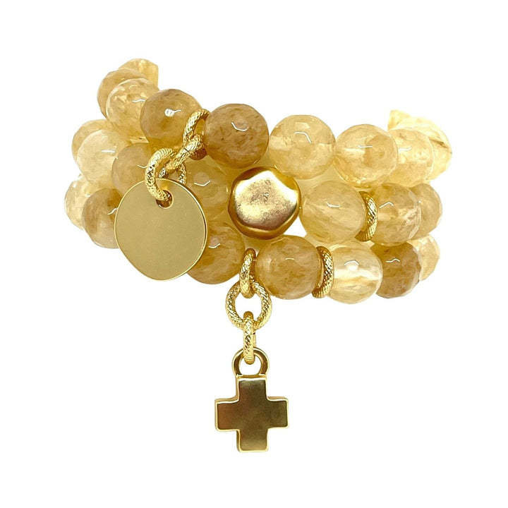 Citrine Quartz Stretch Bracelet With Matte Gold Charm