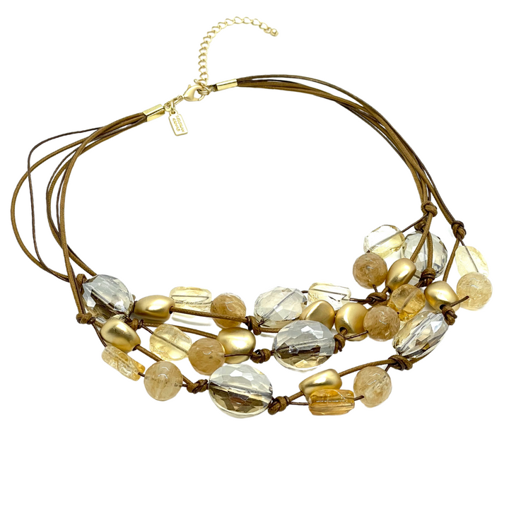 Citrine and Champagne Quartz Bronze Leather and Linen Torsade Necklace