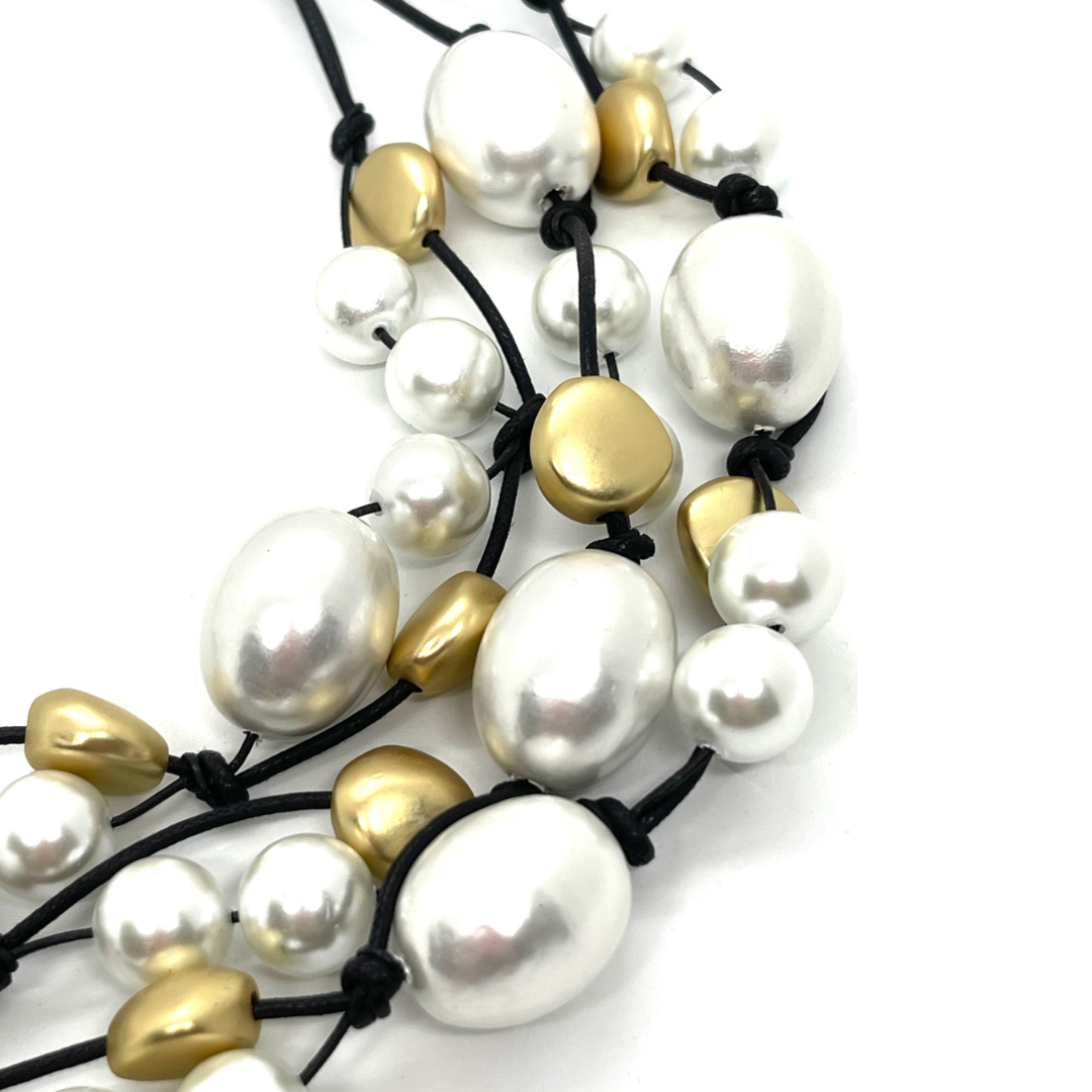 Cotton And Glass Pearl With Matte Black Crystal  Torsade Necklace