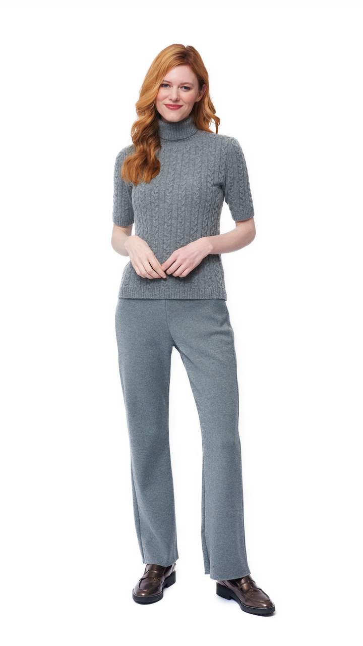 Lea Short Sleeved Cable-Knit Turtleneck, Gray