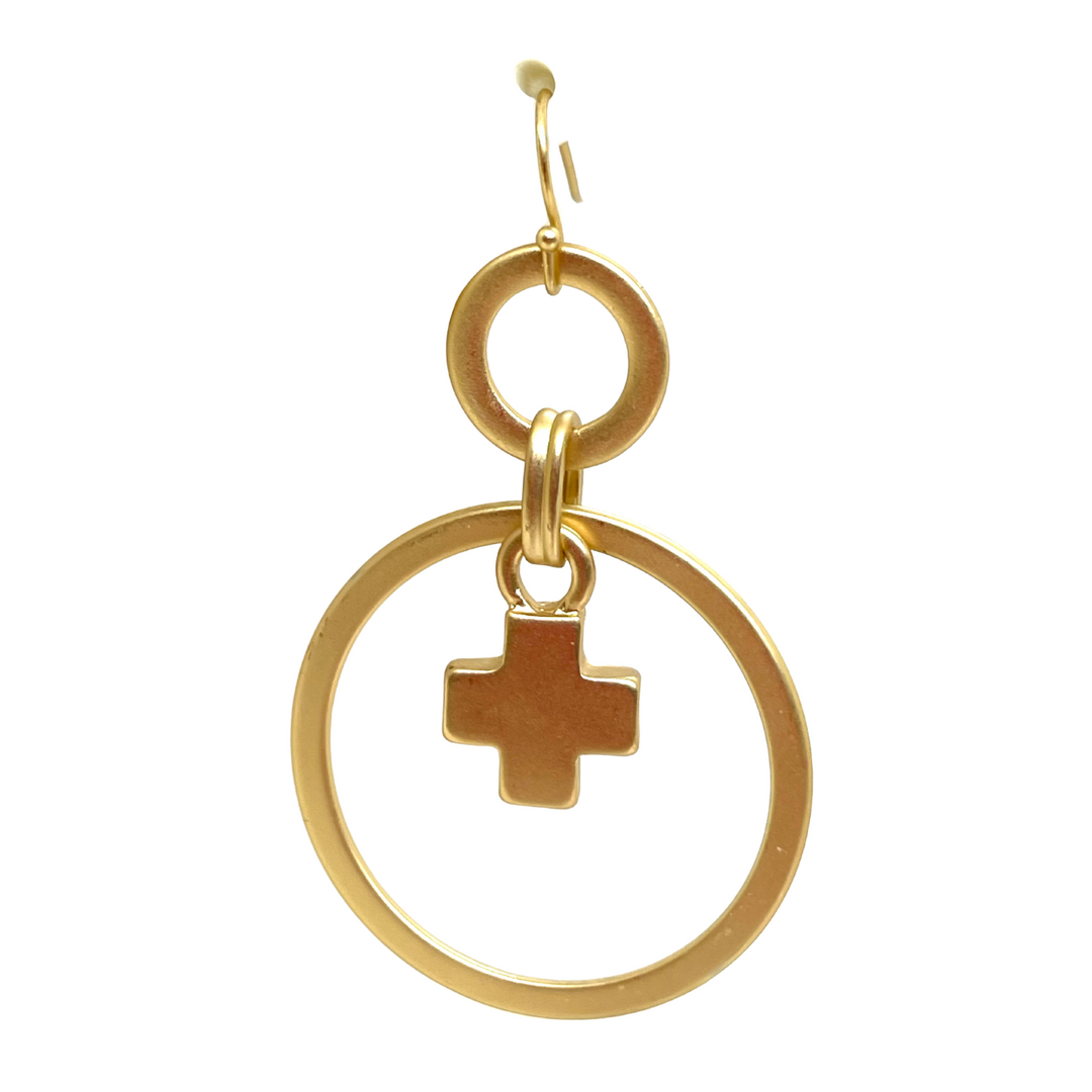 Matte Gold Cross Charm In Matte Gold Loop Earrings