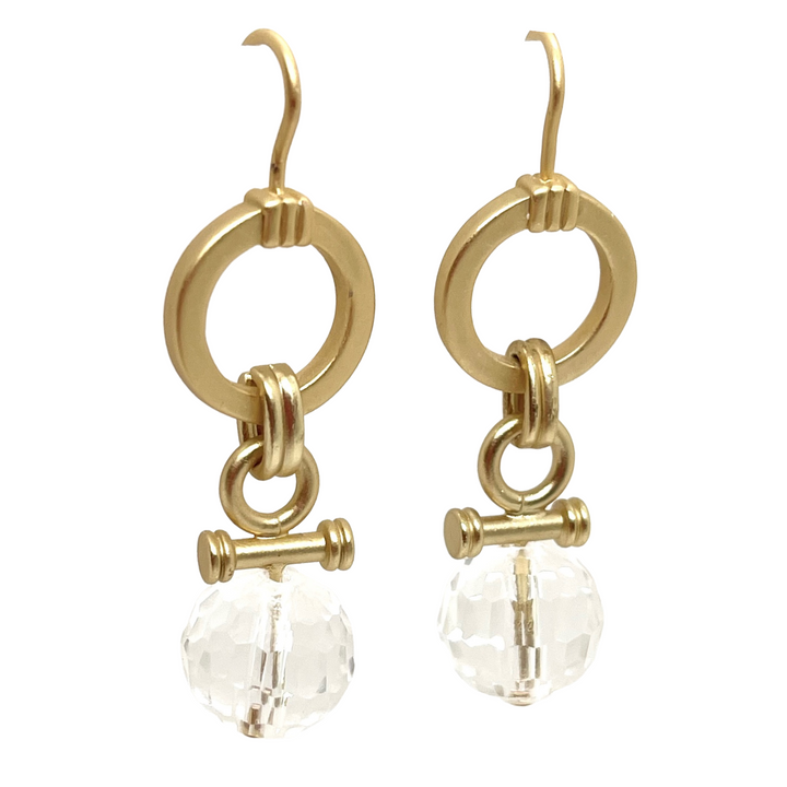 Circle Hoop Clear Disco Ball Bar Matte Gold Earrings