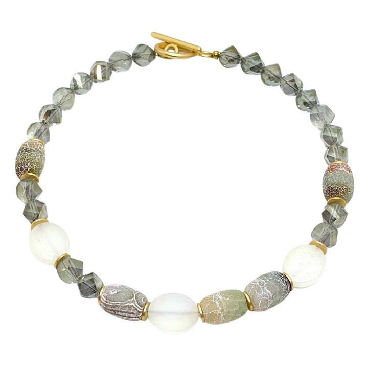 Fire Agate, Matte White Crystal, and Olive Crystal Necklace