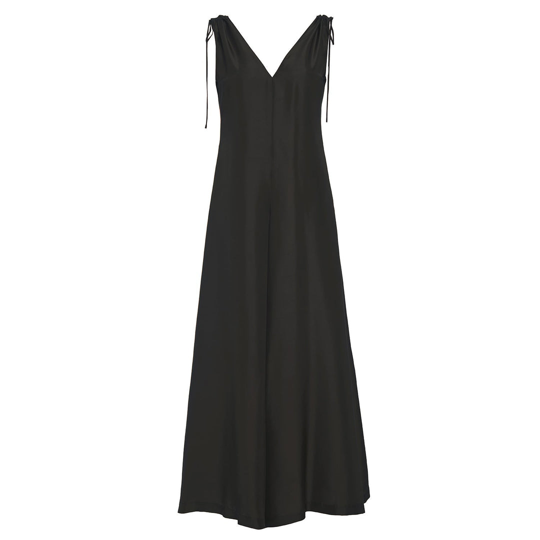 black sleeveless silk jumpsuit relaxed fit with side hand pockets