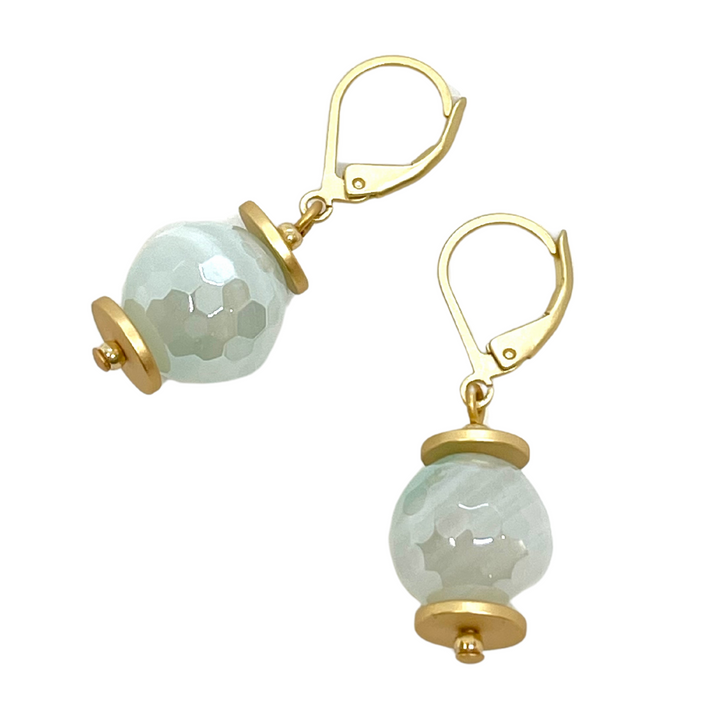 Aqua Agate With Matte Gold Disc Accent Lever Back Earrings