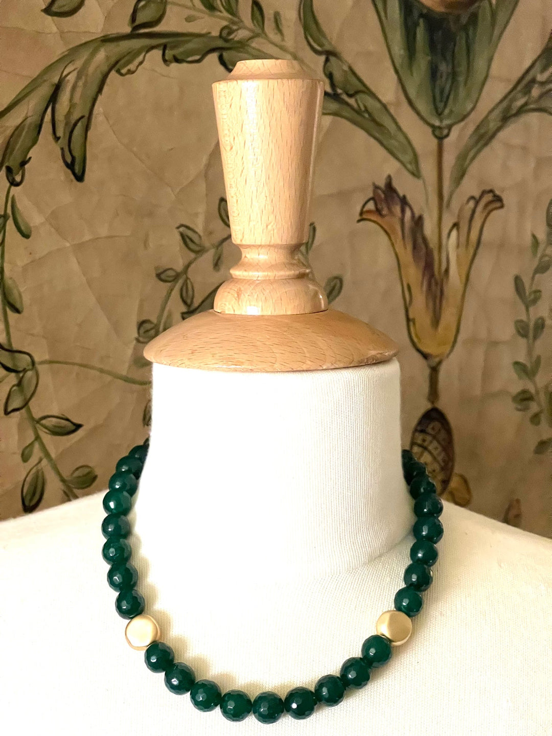 Green Jade With Matte Gold Flat Bead Necklace