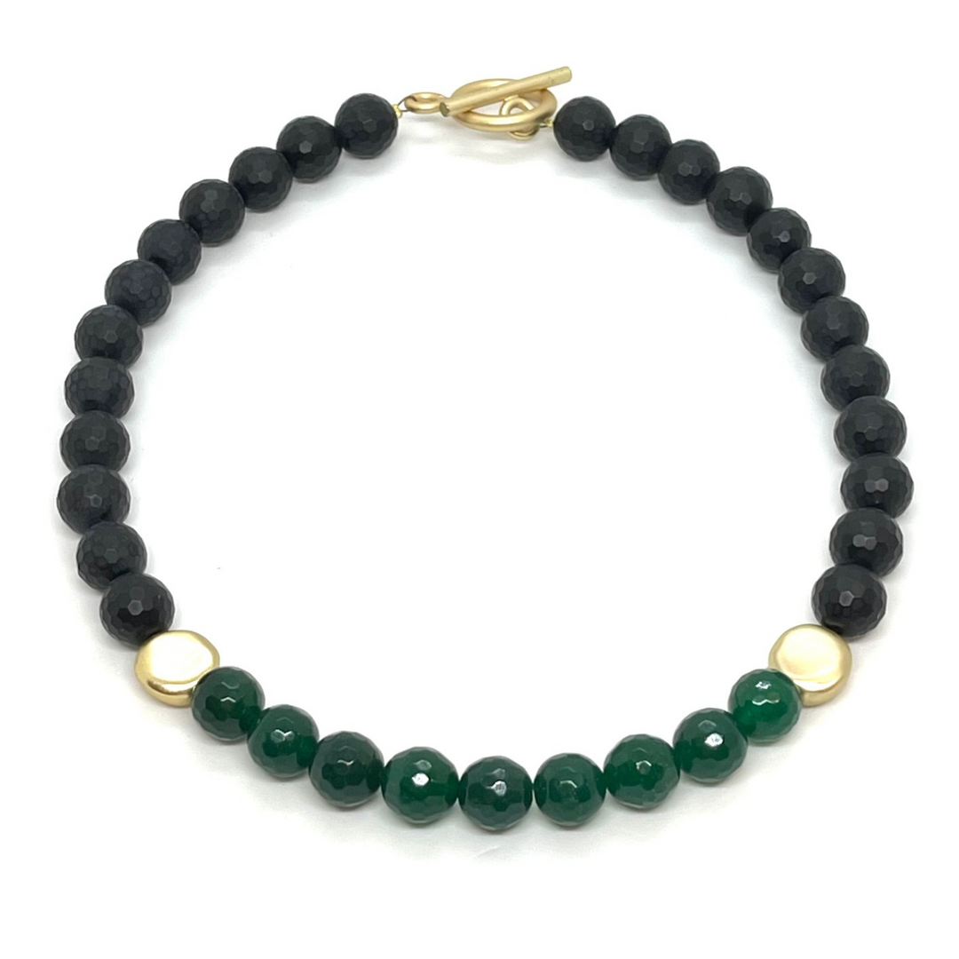 Matte Black Onyx And Green Jade Front Accent Necklace With Matte Gold Beads