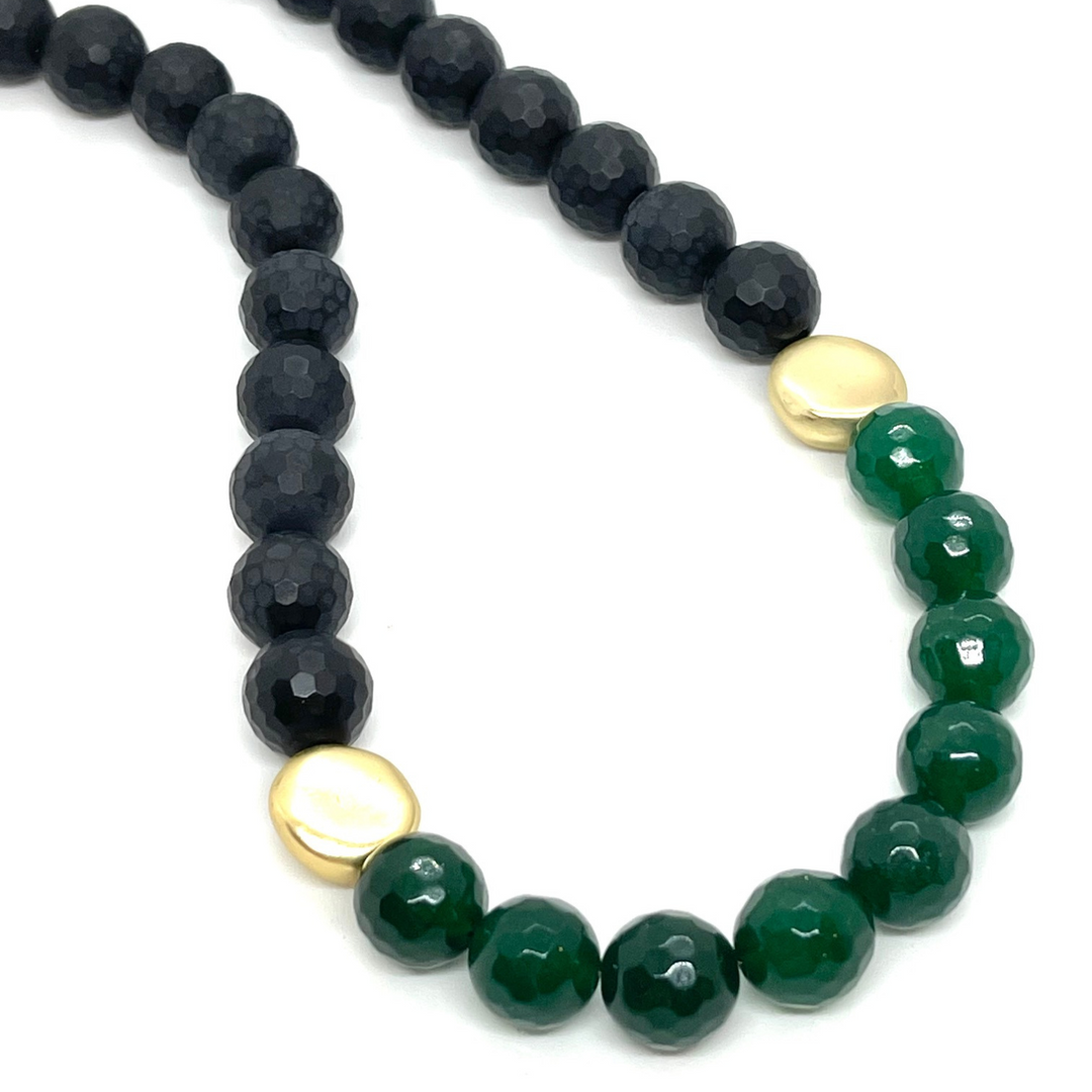 Matte Black Onyx And Green Jade Front Accent Necklace With Matte Gold Beads