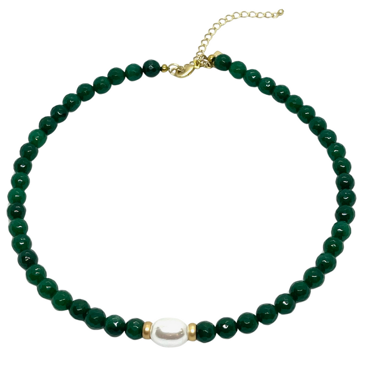 Green Jade With MOP Pearl Center and Matte Gold Accents Necklace