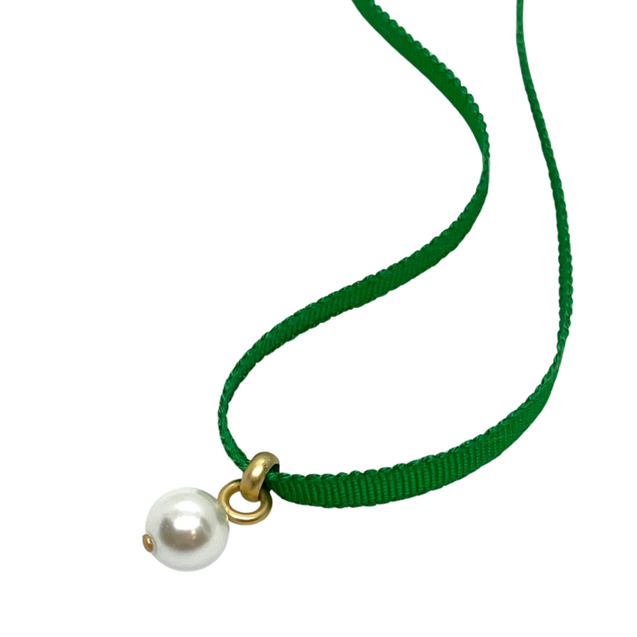 Pearl Pendant on Green Grosgrain Ribbon Necklace