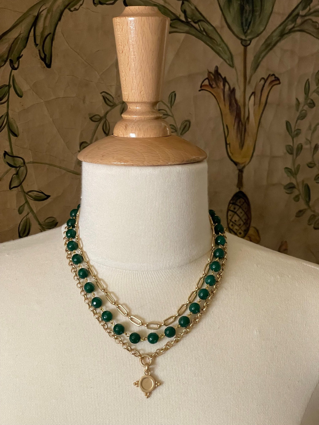 Green Jade 3 Strand Matte Gold Multi Chain Necklace