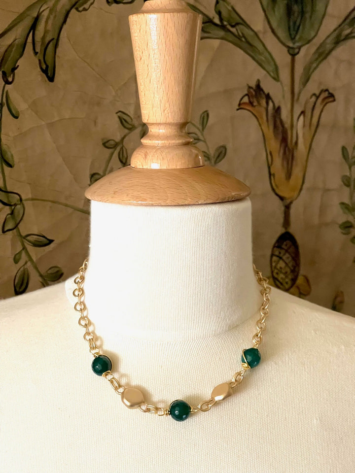 Green Jade Wire Wrapped Matte Gold Necklace