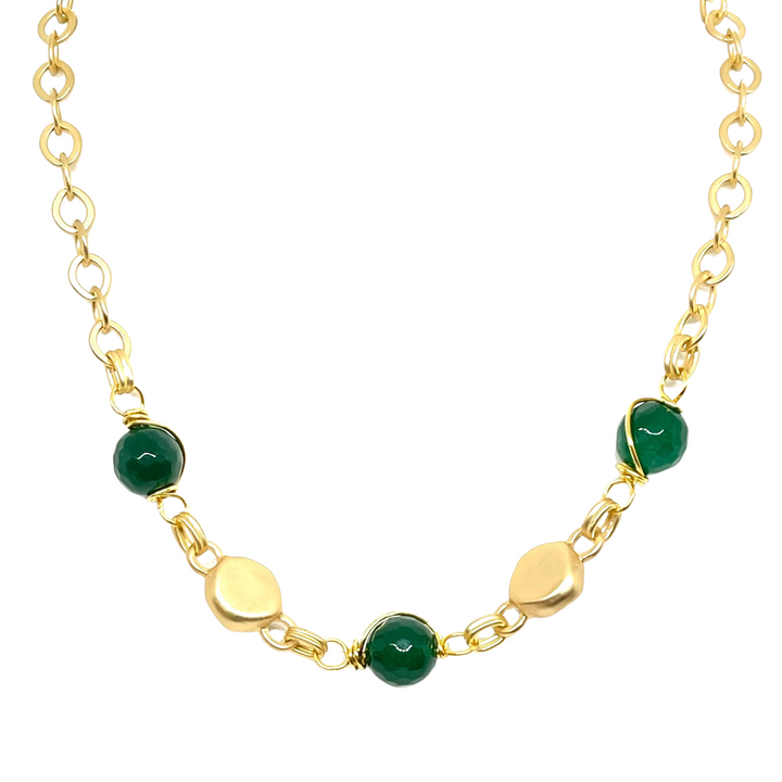 Green Jade Wire Wrapped Matte Gold Necklace