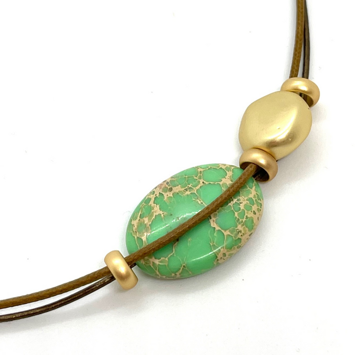 Green Aqua Terra and Matte Gold Nugget on Bronze Necklace