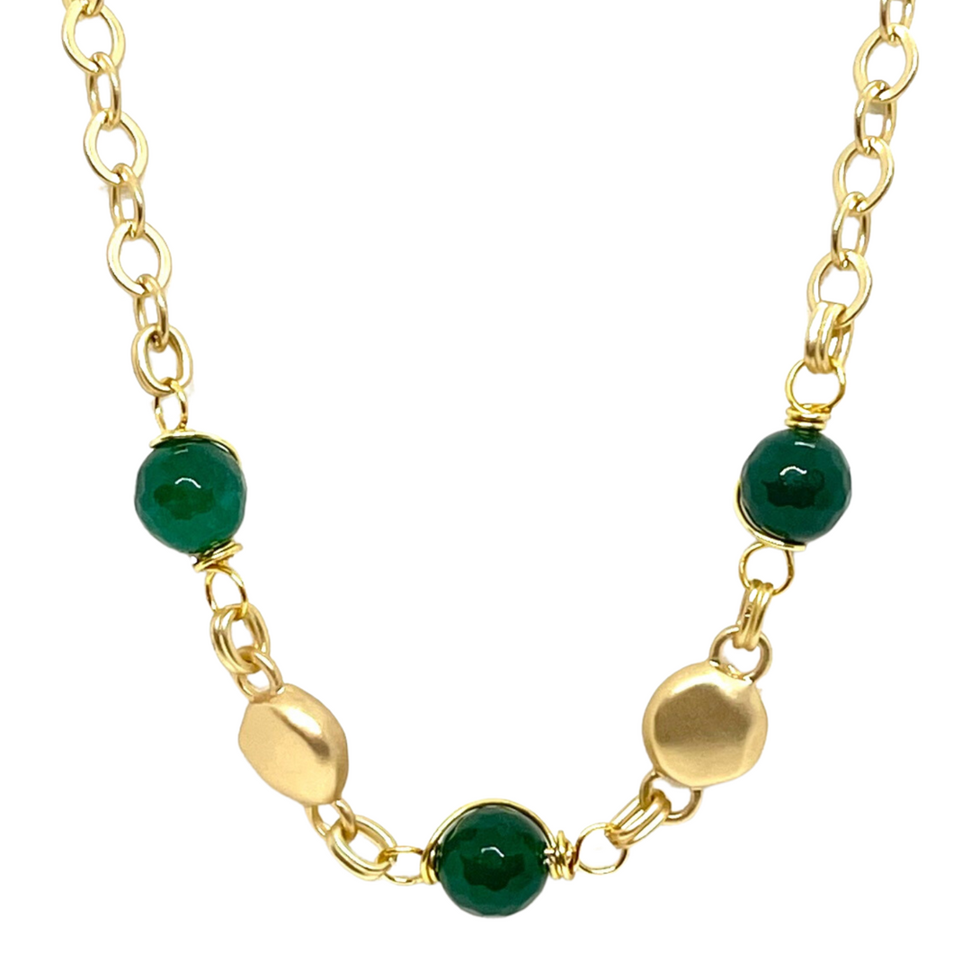 Green Jade Wire Wrapped Matte Gold Necklace