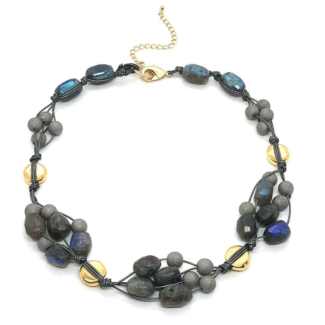 Natural Labradorite Flat Matte Gold Bead Woven Platinum Leather Necklace