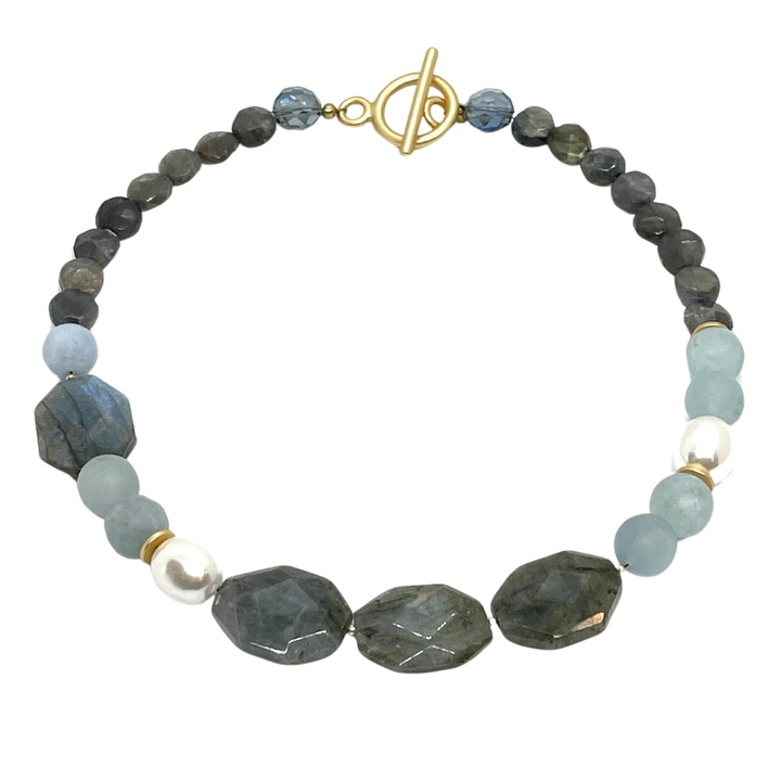 Natural Labradorite, Matte Aquamarine And MOP Necklace