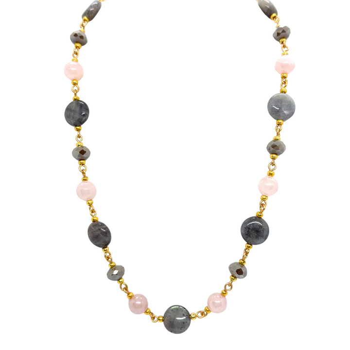 Natural Labradorite, Pink Quartz, And Taupe Crystal Link Necklace