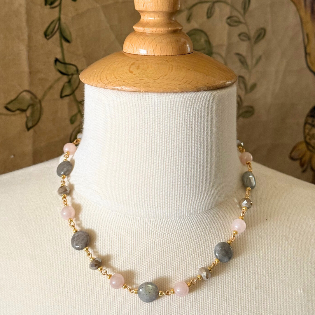 Natural Labradorite, Pink Quartz, And Taupe Crystal Link Necklace