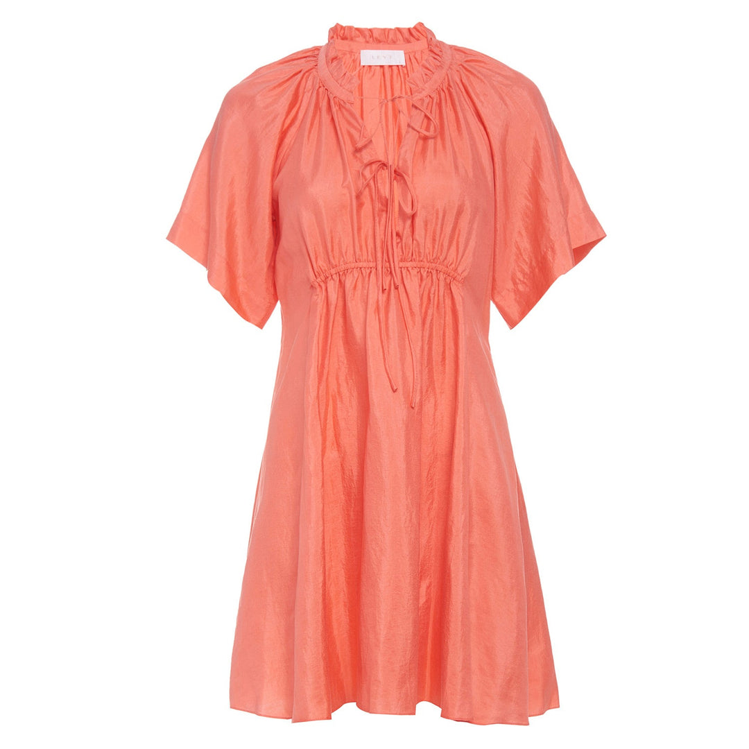 coral short sleeved silk dress handwoven