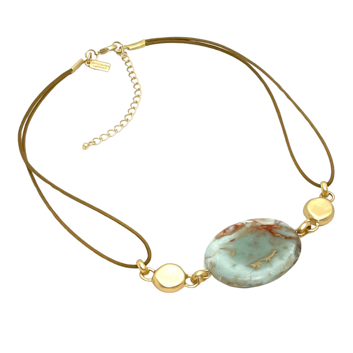 Large Blue Aqua Terra Jasper Center Stone Necklace On Linen with Matter Gold Nugget Accents