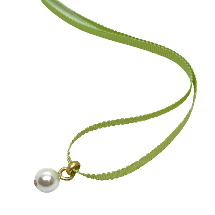 Pearl Pendant on Lime Green Grosgrain Ribbon Necklace