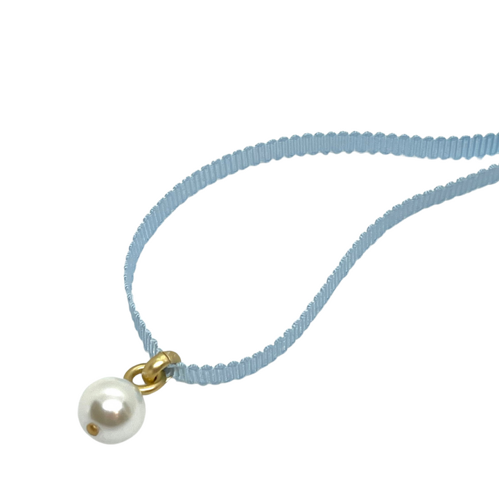 Pearl Pendant on Light Blue Grosgrain Ribbon Necklace