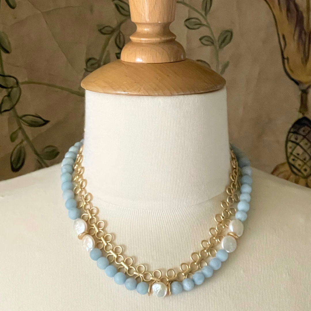 Matte Aquamarine and Freshwater Coin Pearl Necklace