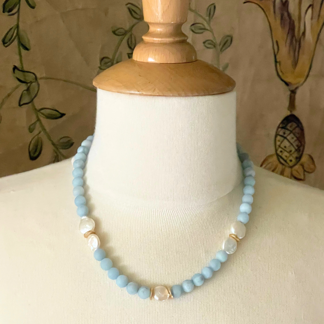 Matte Aquamarine and Freshwater Coin Pearl Necklace