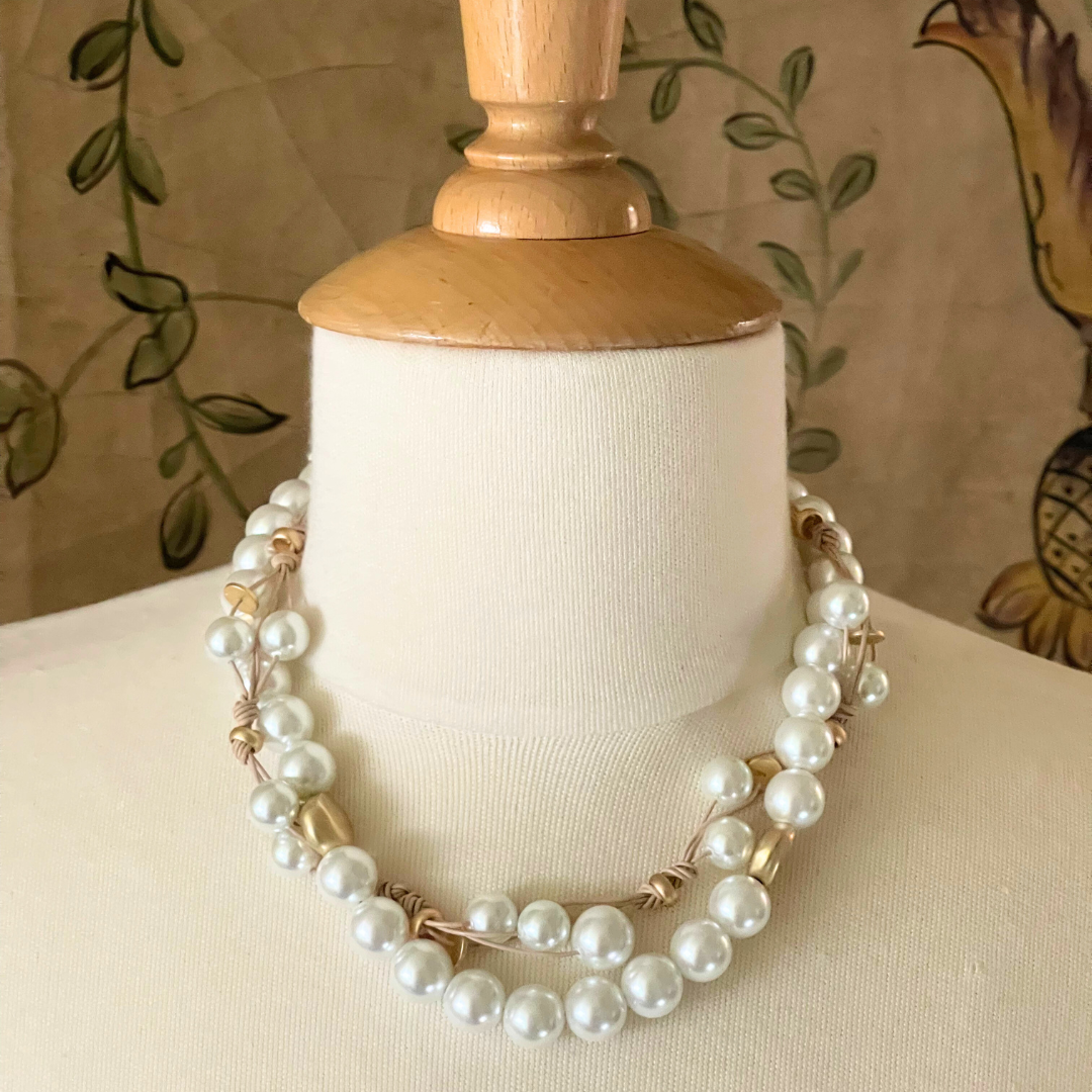 White Pearl Woven Leather Necklace