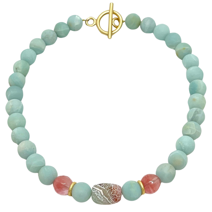 Amazonite and Watermelon Quartz with Fire Agate Center Beaded Necklace