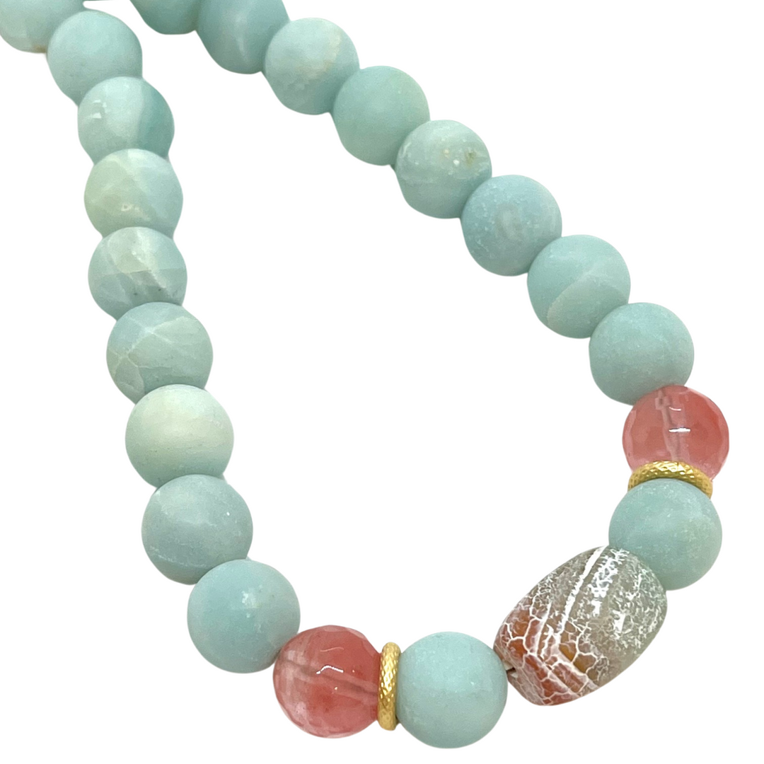 Amazonite and Watermelon Quartz with Fire Agate Center Beaded Necklace