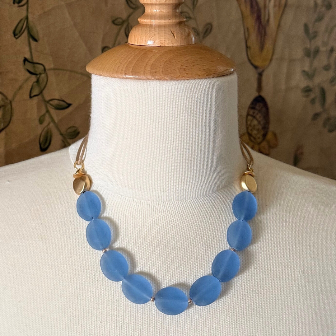 Matte Light Blue Crystal On Natural Linen Necklace