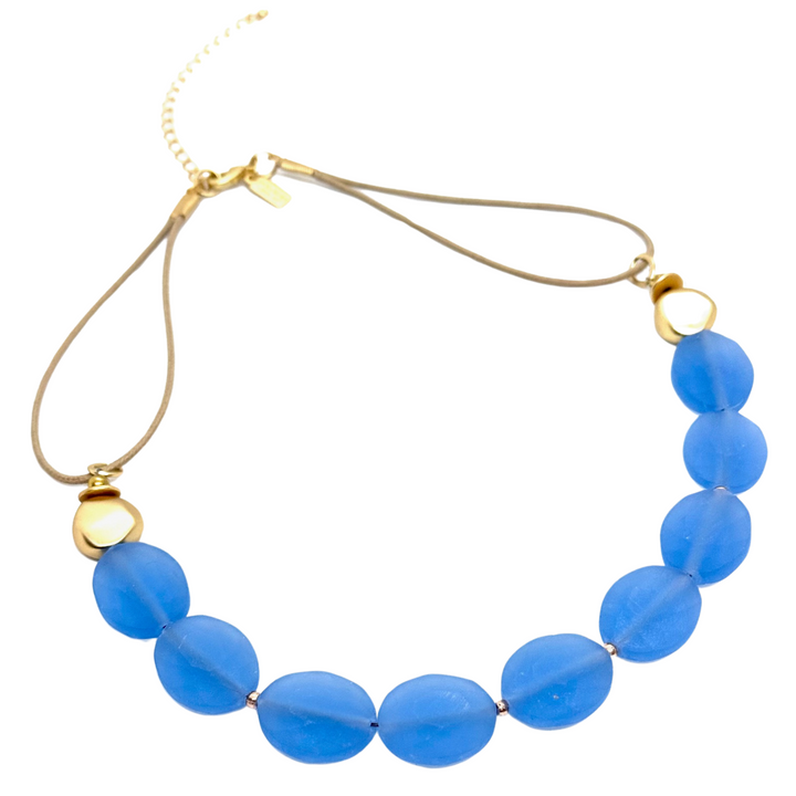 Matte Light Blue Crystal On Natural Linen Necklace