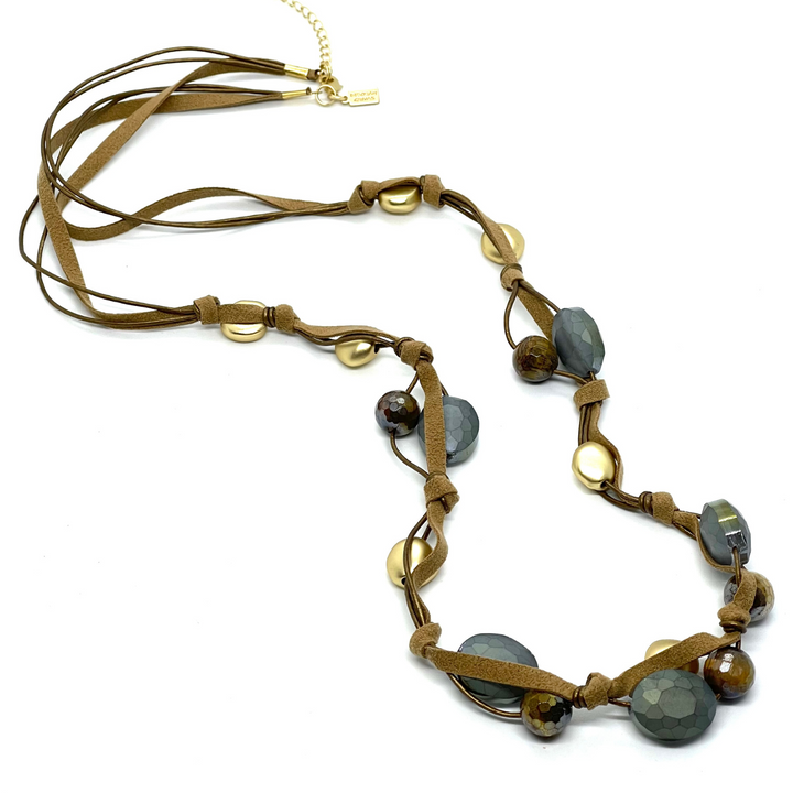 Matte Olive Crystal and Tigers Eye Long Necklace On Bronze Suede and Leather