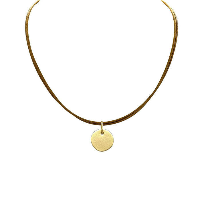 Matte Gold Paperclip Disc Charm Bronze Waxed Linen Necklace