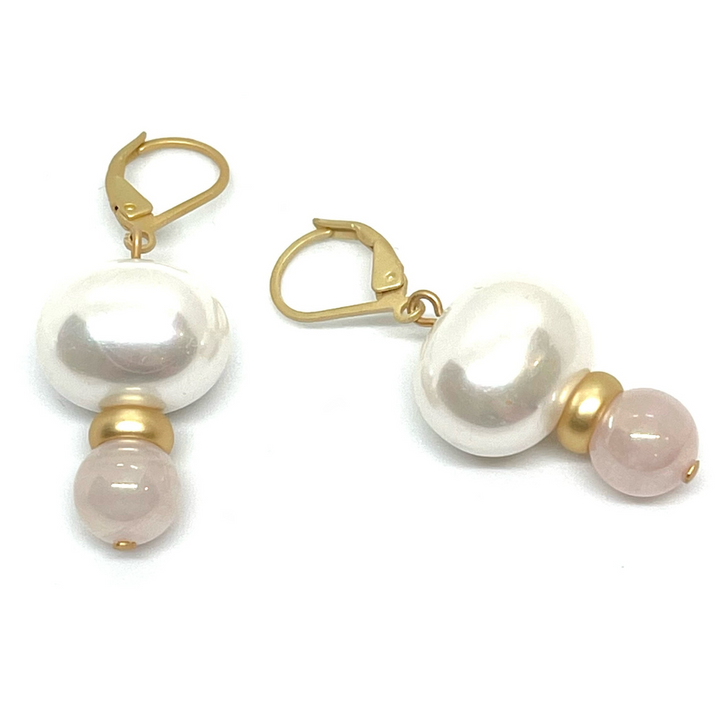 Mother of Pearl And Rose Quartz With Gold Ring Stack Earrings