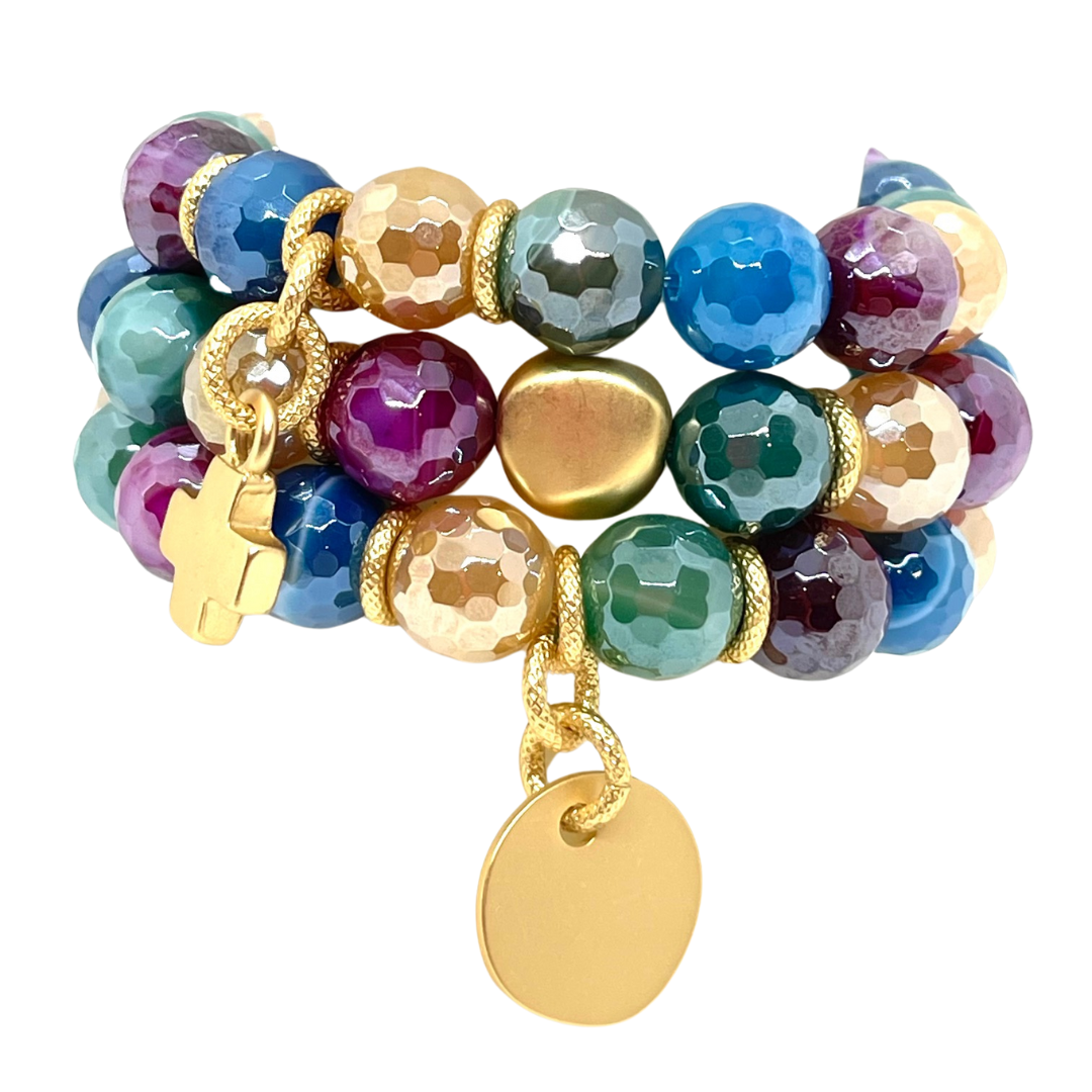 Multi Agate Stretch Bracelet with Matte Gold Flat Bead