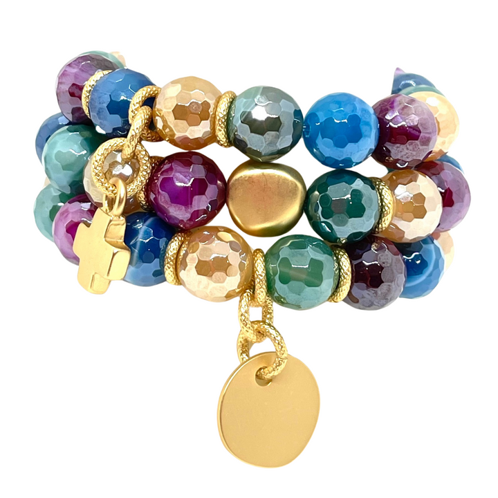 Multi Agate Stretch Bracelet with Matte Gold Flat Bead