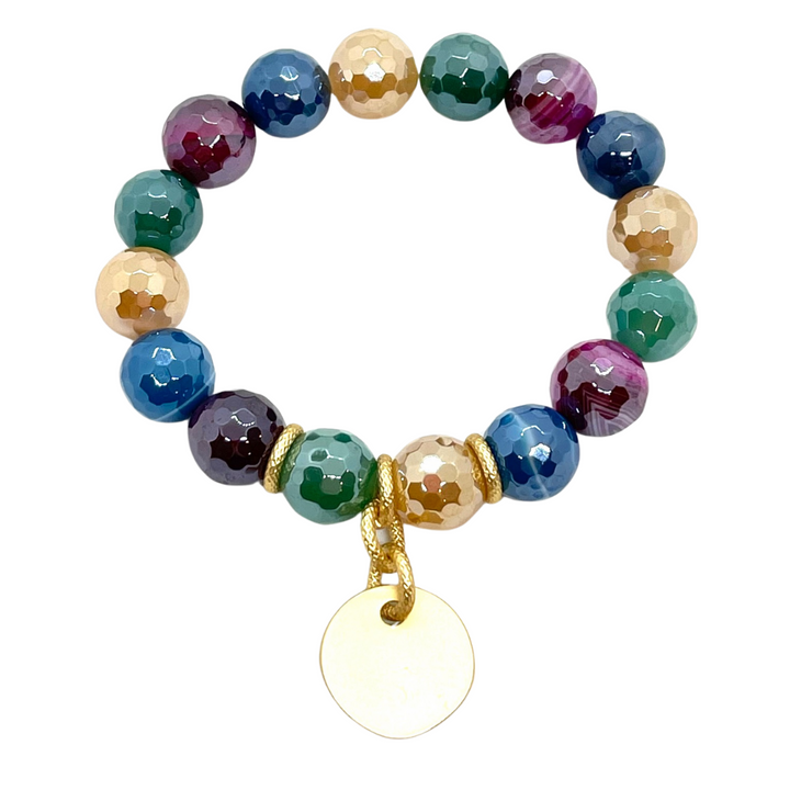 Multi Agate Stretch Bracelet With Matte Gold Charm