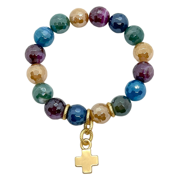 Multi Agate With Matte Gold Cross Stretch Bracelet