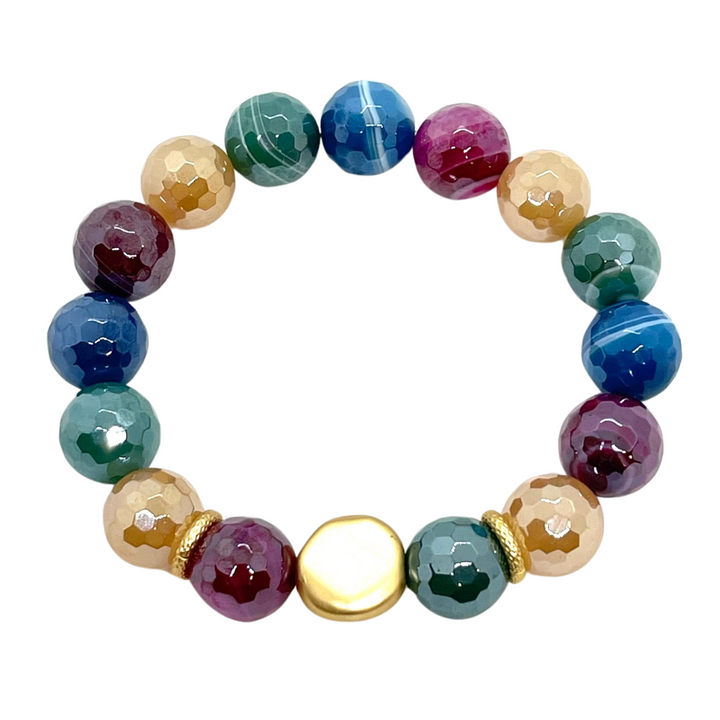 Multi Agate Stretch Bracelet with Matte Gold Flat Bead